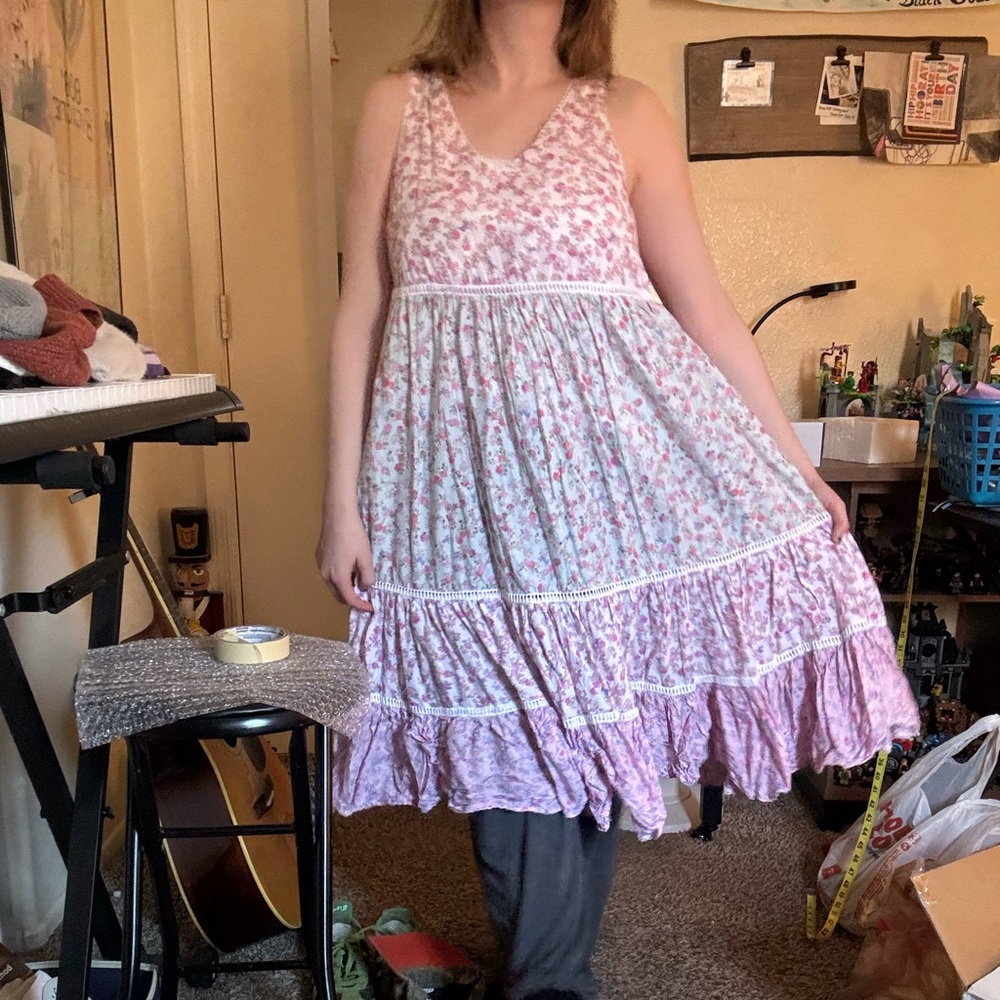LoveShackFancy Pink and White Floral Midi Dress